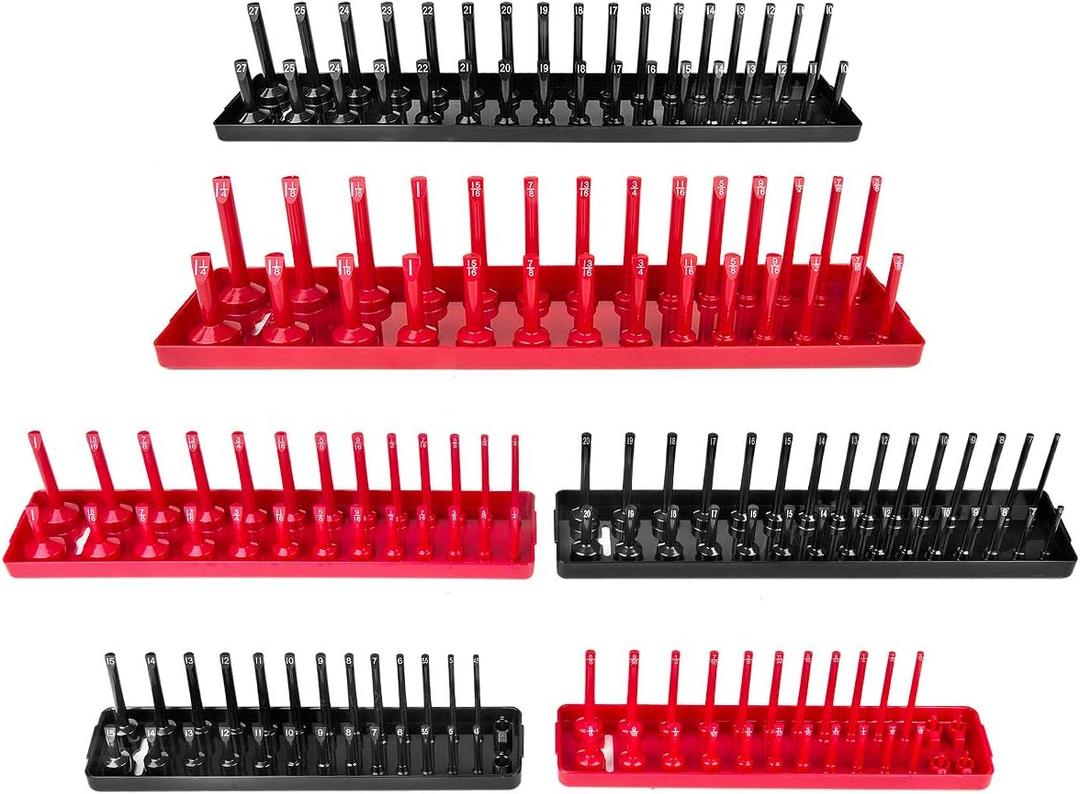 6PCS Socket Organizer Tray Set, Red SAE & Black Metric Socket Storage Trays, 1/4-Inch, 3/8-Inch & 1/2-Inch Drive Deep and Shallow Socket Holders for Toolboxes