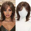 Short Brown Fluffy Human Hair Wig with Bangs Layered Curly Messy Style Lightweight and Glueless for Women Cosplay Costume (Brown,12inch)