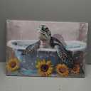 Sea Turtle Canvas Wall Art Bathroom Decor Funny Turtle in Bathtub Picture Sunflwoer Painting Sea Creature Prints Vintage Artwork Farmhouse Wall Decor Framed - 16.00x24.00 inch