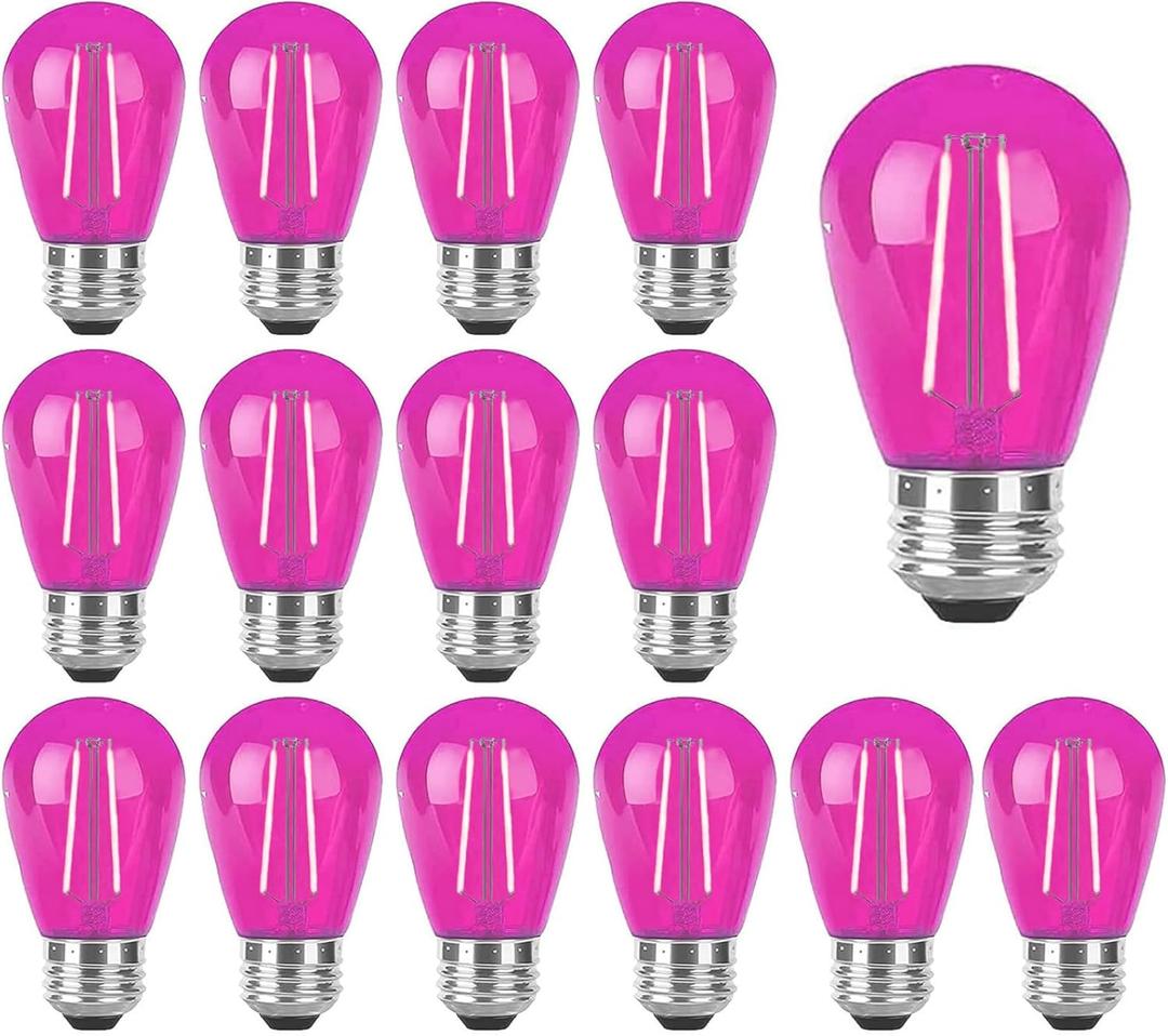 S14 Pink LED Bulb S14 Replacement Light Bulbs 2W Plastic Shatterproof LED Night Bulb E26 Base Pink String Lights Waterproof Vintage Bulb for Christmas Wedding Party Patio, 15 Pack