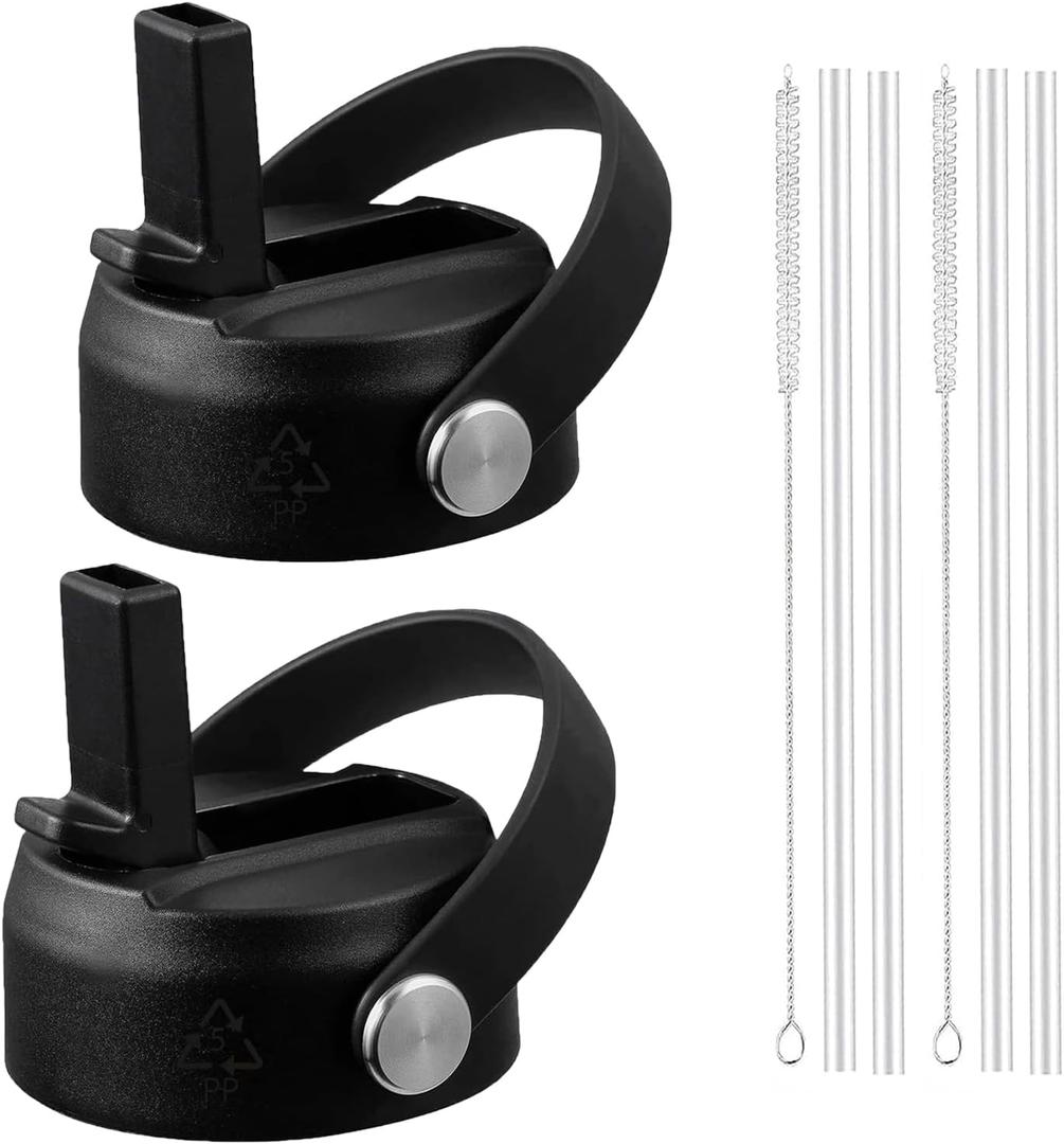 2 x Straw Lid for Hydro Flask Wide Mouth Bottle 16 18 20 32 40 64oz,Flip Flask Cap for Hydroflask,Leak Proof Sports Water Bottle Top Accessories (Black)