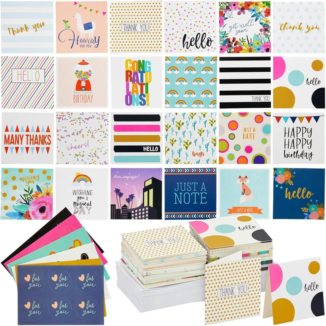 Sustainable Greetings: 72-Pack All Occasion Mini Notecards with Envelopes and 24 Assorted Stickers, 2.5x2.5 Inches, Multicolored