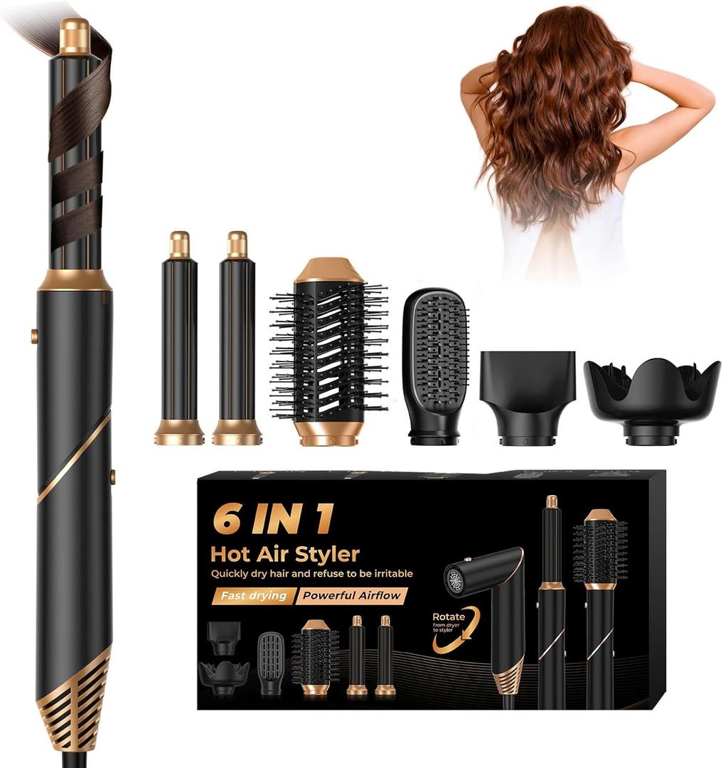 6 in 1 Hair Dryer Brush, Foldable Blow Dryer Brush with Wrap Curler, Detachable Air Hair Styler Curling, Drying,Volumizing, Straightening, Negative Ionic Hair Dryer with Diffuser, Hair Styling Tools (Black)