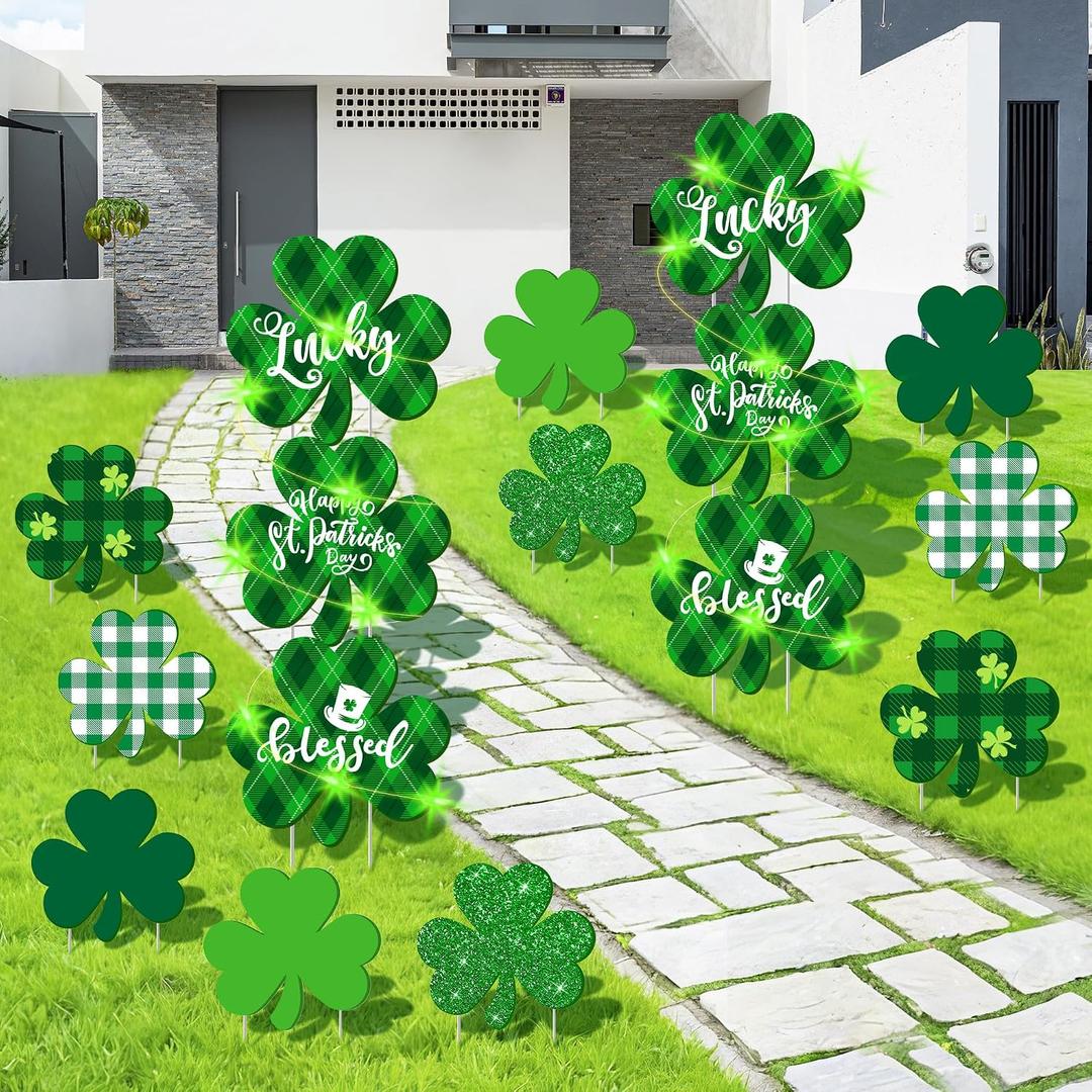 16 Pieces St. Patrick's Day Decorations Outdoor Yard Signs with Stakes LED Light Lawn Sign 11.8 Inch Waterproof Shamrock Green Plaid Glitter Decoration for St. Patrick's Day Garden Party Home