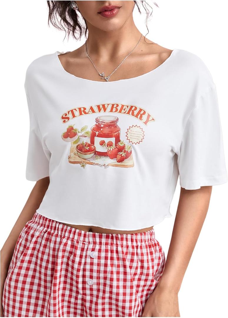 SHENHE Women's Letter Print Scoop Neck Tee Shirts Strawberry Short Sleeve Summer Crop Tops, Size M (White)