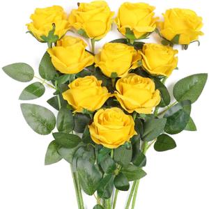 JUSTOYOU 10Pcs Artificial Roses Flowers, Realistic Blossom Roses, Real Touch Silk Rose, Single Fake Flower Long Stem Bouquets for Home Wedding Party Decoration (Yellow)