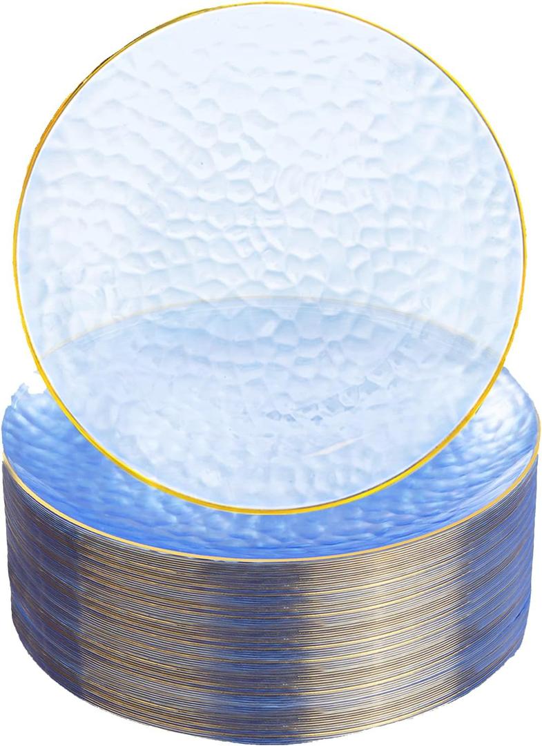 Rubtlamp 100 Pcs Clear Blue Gold Plastic Plates, Clear Hammered Plastic Plates, Blue Party Platos, Disposable Salad/Dessert Platos, 7-Inch Disposable Dessert/Appetizer Platos Perfect For Party