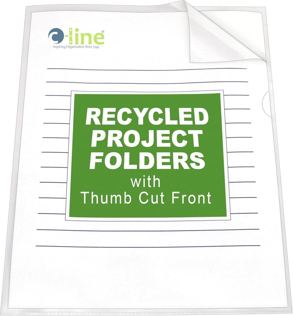 C-Line Recycled Project Folders with Thumb Cut Fronts, Reduced Glare, Letter Size, Clear, 25 per Box (62127)