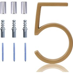 2 x Floating House Number Modern House Numbers 5 inch, Deamos Zinc Alloy Home Address Number for House with Reflective Finish Brass Floating Mount or Flush Mount [Number 5] (Gold)