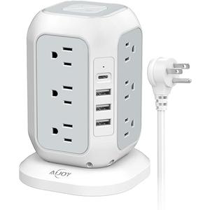 AiJoy Surge Protector Power Strip - 12 AC Outlets, 4 USB Ports (1 USB-C), 10ft Extension Cord, Charging Station with Surge Protection for Home, Office, Dorm, Color: White-USB C
