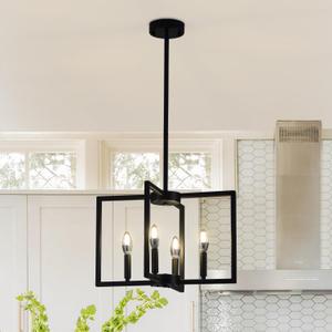 Black Chandelier, 4 Heads Farmhouse Geometric Chandelier, Adjustable Height for Entryway, Hanging Metal, Staircase Foyer Hallway Dining Room Kitchen Lighting (E12 Bulb Not Included)