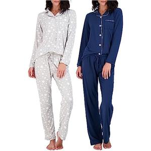 Real Essentials 2 Pack: Women's Pajamas Set Button Down Pants Soft Matching Sleepwear S XL