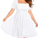 Women Plus Size Square Neck Puff Sleeve Babydoll Summer Chiffon Swiss Dot Flowy Short Smocked Dress, Size 20Plus, White