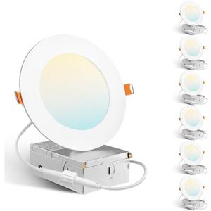 Amico 6 Pack 4 Inch 5CCT Ultra-Thin LED Recessed Dimmable Ceiling Light with Junction Box, 2700K/3000K/3500K/4000K/5000K Selectable, 10W Eqv 60W, 800 Lumens, High Brightness Downlight - ETL&FCC