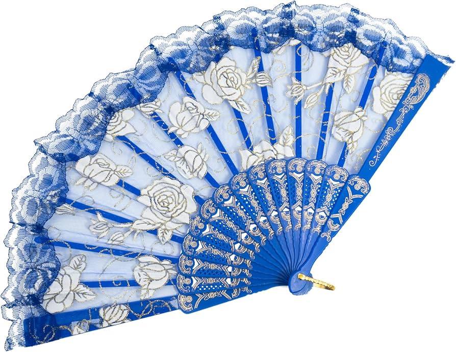 Pack Of 5 Handheld Chinese Folding Fan Lace Hand Fans for Women Foldable Bulk for Party Wedding Church Dancing (Blue)