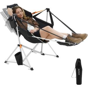 KingCamp Hammock Chair with Footrest, Swinging Portable Folding Camping Chairs for Adults 400lbs Heavy Duty Foldable Oversized Rocker with Cup Holder Pillow for Outdoor Beach Patio Sport Lawn (Footrest Deluxe Black/Grey)