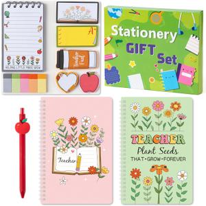Xqumoi Wildflowers Teacher Sticky Note Stationery Gift Set - 2 Pack A5 Notebooks, Self-Stick Notepad, Gel Ballpoint Pens, Floral Teacher Appreciation Thank You School Office Christmas Gift with Box