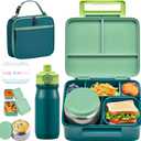 Bento Lunch Box for Kids with 8oz Soup Thermo, Leak-proof Lunch Food Containers with 5 Compartment, Insulated Lunch Bag & 17oz Stainless Steel Water Bottle for School, Trvael (Green)