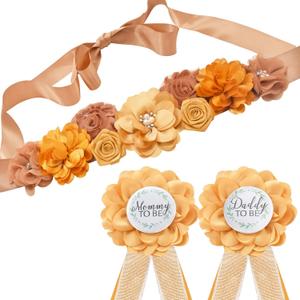 Maternity Sash and Corsage Pin Kit, Brown Gold Baby Shower Decorations Corsage Pin and Flower Maternity Sash for New Mommy and Daddy Pregnancy Photo Props Supplies(Pure handmade)
