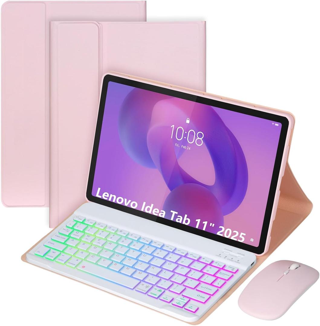 Keyboard Case for Lenovo Idea Tab 11-inch 2025 Models (TB-336ZU/TB-336FU), 7-Color Backlit Magnetic Detachable Wireless Bluetooth Keyboard, Ultra-Thin Cover with Mouse (Pink)