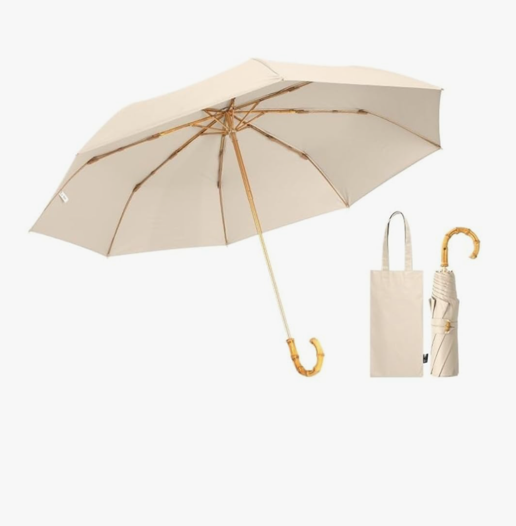 Portable Bamboo Handle Umbrella with Curved Hook - Lightweight Sunshade for Women, Rain and Sun Protection