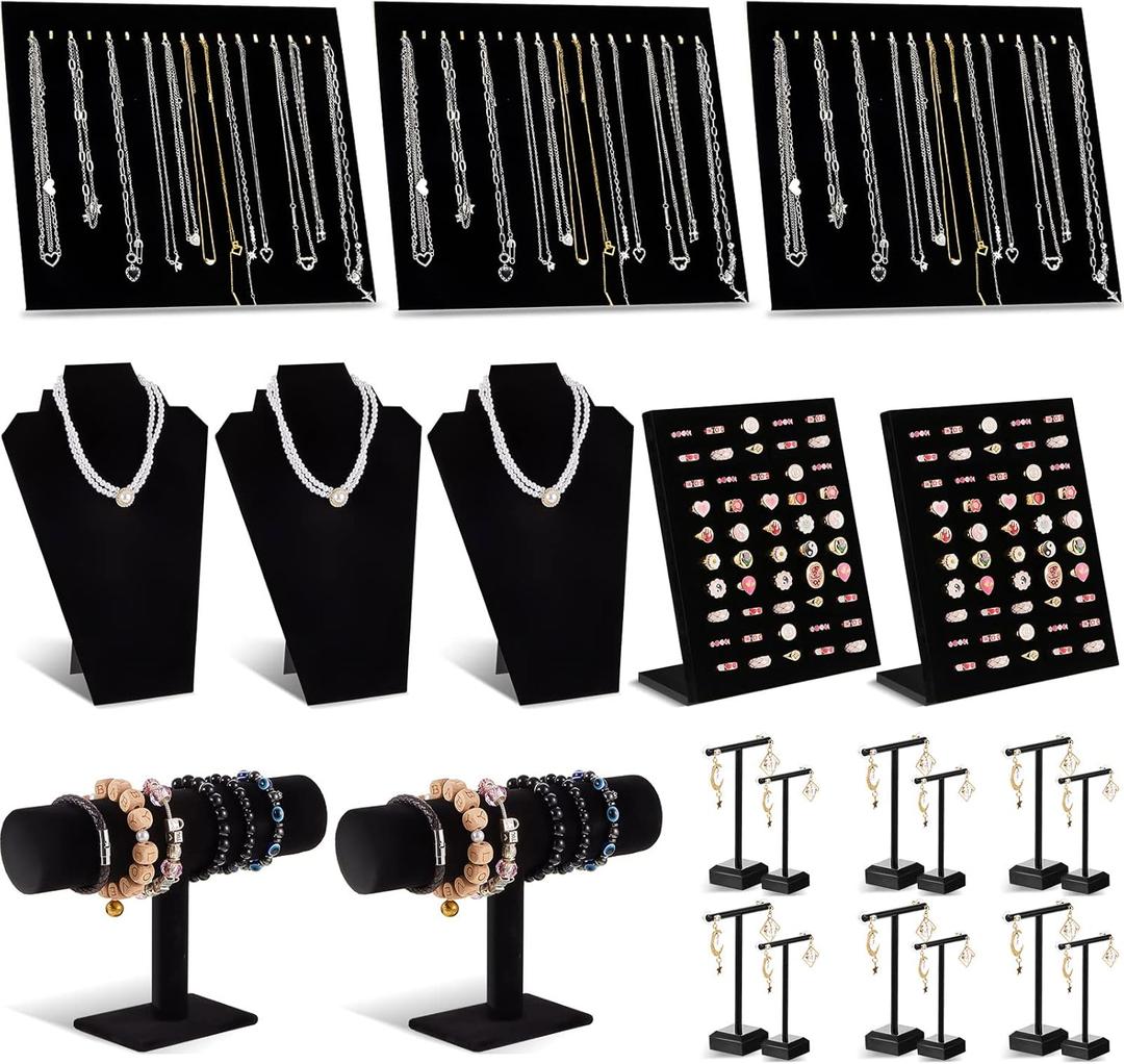 Henoyso 22 Pcs Velvet Jewelry Display Set Jewelry Display for Selling Necklace Stand Bracelet Holder T Shape Earring Stand (Black)