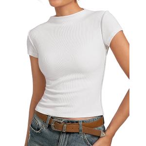 Womens Cap Sleeve Tops, Mock Neck Short Sleeve White Shirts, Ribbed Raw Hem Y2K Going Out Crop Top, Trendy Fitted Tee Shirt (White, L)