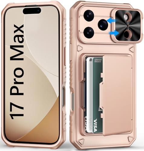 BXYJY for iPhone 17 Pro Max Phone Case Wallet, Card Holder (4-5 Cards), Slide Camera Cover, Military Grade Protection, Rugged Hard Women Girly Men Protective Case for iPhone17 Pro Max 6.9", Rose Gold