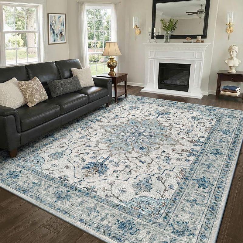 RELEANY Washable Area Rug, 8'x10', Blue/ White/ Gray