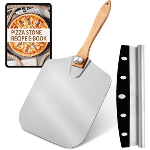 Pizza Peel Aluminum Pizza Spatula, MOVNO 12 inch Metal Pizza Paddle(12"x 14") with Rocker Cutter Foldable Wood Handle, Server for Family Pizza Oven Baking Pizza, Dough, Bread & Pastry