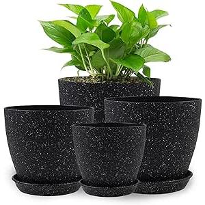 KPUVX Plant Pots Indoor with Saucers & Drainage  4 Pack Flower Pots for Indoor Plants Plastic Planters for Outdoor Planter  8.5/7.5/6.5/6 inches Sizes for All Different Types of Plants (Black)