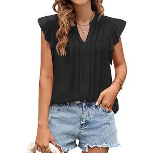 KIRUNDO Spring Tops for Women Lightweight Blouses Dressy Casual Ruffle Sleeve V Neck Pleated Business Casual Summer Shirts(Black, Small)