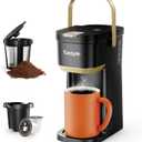 Single Serve One Cup Coffee Maker, for K Cups and Grounds, Mini Coffee Maker with Portable Handle, 6 to 12 Oz Brew Size, for Travel, Camping, Office, RV and Dorm, Black and Gold