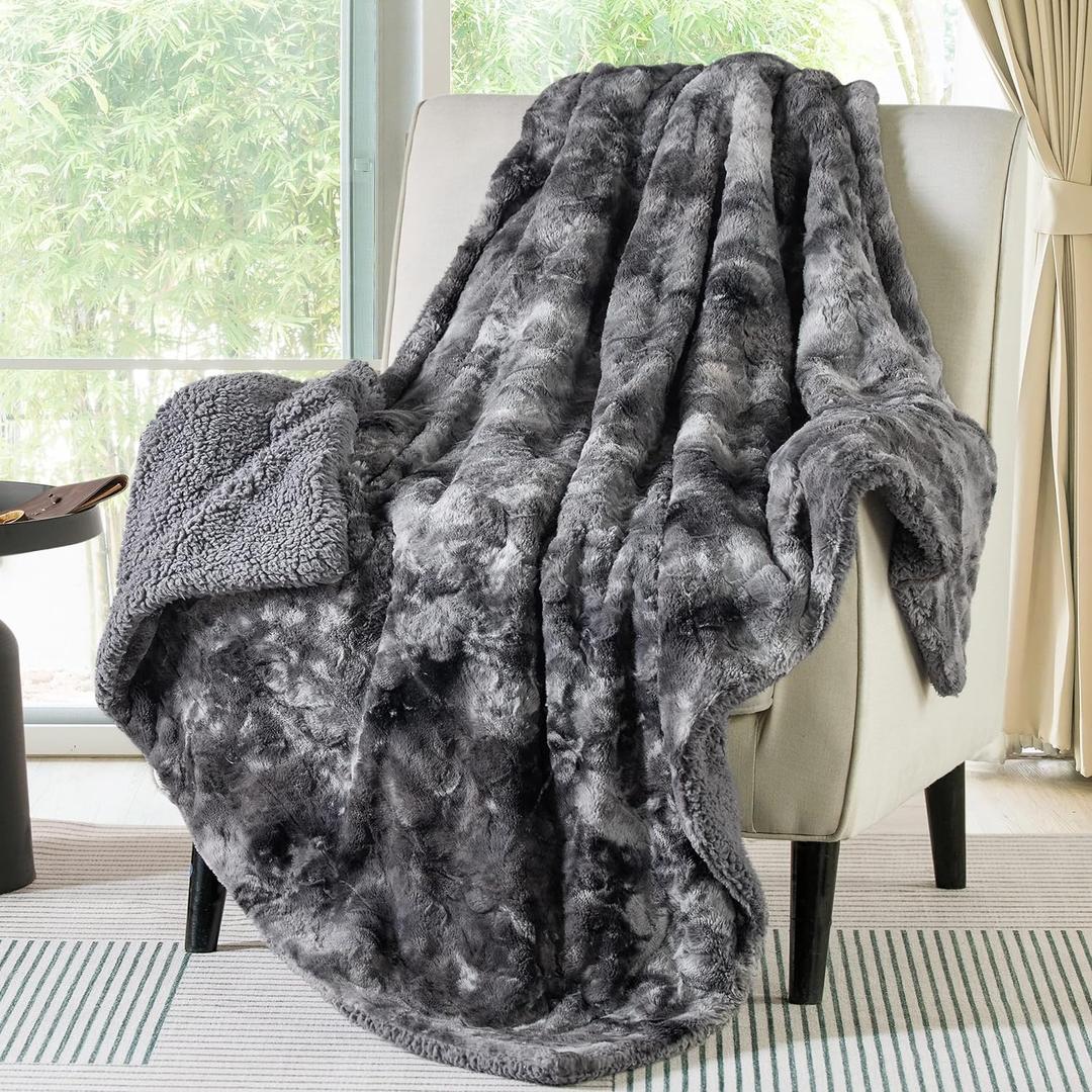 Bedsure GentleSoft Sherpa Fluffy Blanket Twin Size - Fleece Warm and Cozy Throw for Women Gift, Plush & Fuzzy Faux Fur Christmas Blanket for Couch, Sofa, Bed Decor, Tie Dye Design, Grey, 60x80 Inches
