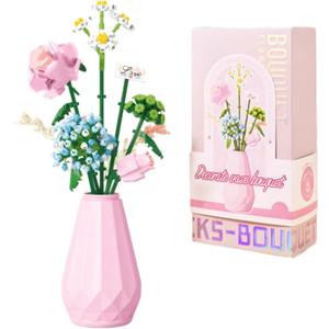Flowers Bouquet Building Set with Vase for Adults, Artificial Roses Flowers Botanical Collection for Home Office Decor, Nice Gift for Her Valentine Mothers Day Christmas