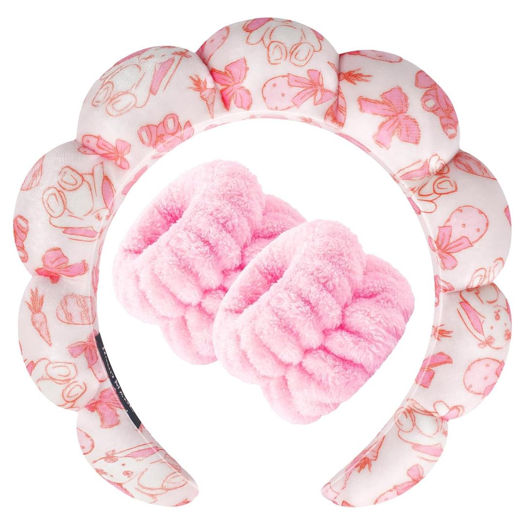 Zkptops Spa Headband for Washing Face Wristband Set Sponge Makeup Skincare Velvet Fabric Bubble Soft Get Ready Hairbands for Women Puffy Headwear Non Slip Thick Thin Hair Accessory(Pink Bow)