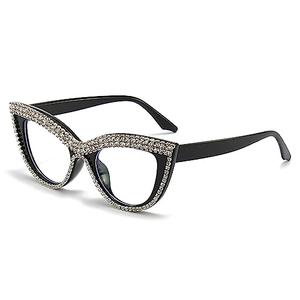 LJCZKA Rhinestone Cat Eye Glasses Women Vintage Anti Eyestrain Blue Light Blocking Computer Glasses Diamond Eyewear (Diamond Black Clear)