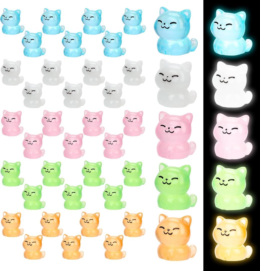50pcs Luminous Miniature Cat, 5 Colors Mini Resin Cat Tiny Small Cats Statues Glow in The Dark Animals Figurines Figures to Hide for Garden Dollhouse Party Favor Decorations