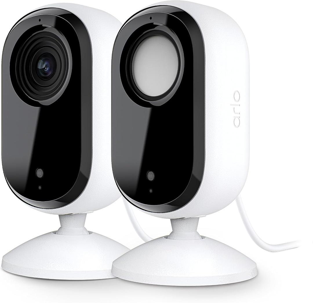 Arlo Essential Indoor Security Camera 2K (2nd Gen, 2023 Release) - Wired Plug-in Power, Person Recognition, Animal Detection, 1-Month Trial of Secure Plan, Automated Privacy Shield, 2 Cam, White