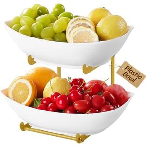 Lifewit Plastic Fruit Bowl for Kitchen Counter, 2 Tier Fruit Basket with Gold Metal Stand, Tiered Fruit Holder for Countertop Serving Tray for Vegetable/Dessert in Party 28 x 21 x 23cm/11 x 8.4 x 9