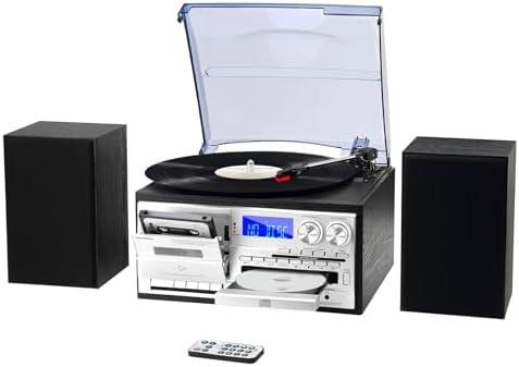 MUSITREND 10 in 1 Record Player with External Speakers, 3 SpeedTurntable with AM/FM Radio, CD & Cassette Player, Bluetooth, USB/SD Playback, Remote Control, Black