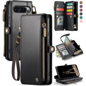 Defencase for Google Pixel 10 Pro XL Case, RFID Blocking Wallet Case for Pixel 10 Pro XL Soft PU Leather Magnetic Snap Flip Zipper Strap Card Holder Phone Cases for Women Men, Black