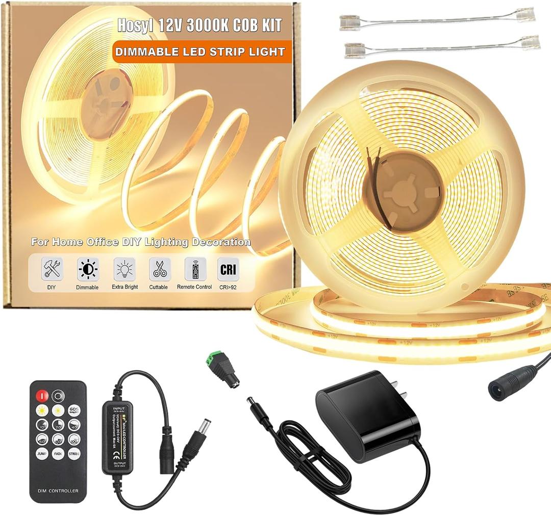 Dimmable Warm White Cob Led Strip Light Kit with RF Remote & UL 12V Power Supply 3000K CRI93+ No Dark Spots Tape Lights for Cabinet, Bedroom, DIY Craft, Wall Accent Lighting