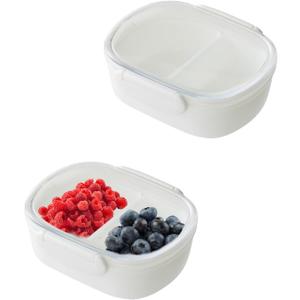 2 PCS Double Compartment Snack Containers with Clear Airtight Lids, Small Reusable Snack Pack Box with 2 Removable Compartments, Portable Divided Food Storage Containers for Mini Fridge,Picnic, White