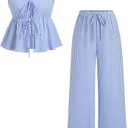 SweatyRocks Women's 2 Piece Outfits Striped Bow Tie Front Sleeveless Peplum Top and Pants Sets Blue Medium