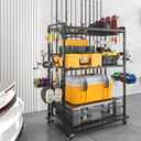 SOYEEZE Large Size Fishing Rod Holders for Garage, Heavy Duty 3-Tier Fishing Pole Rack Holds Up to 12 Rods, Fishing Gear Organizer with 2 Metal Baskets, Fishing Storage Cart with Lockable Wheels