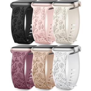 SNBLK 6 Pack Floral Engraved Bands Compatible with Apple Watch Bands 40mm 41mm 42mm 38mm 44mm 45mm 46mm 49mm Women Men, Silicone Flower Pattern Strap for iWatch Series 11 10 Se Ultra 9 8 7 6 5 4 3 2 1 (Starlight/Pink Sand/Milk Tea/White/Smoke Violet/Black)