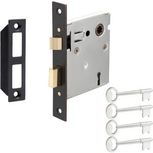 Old Mortise Lock Replacement Parts - Vintage Style Indoor Mortise Lock Assembly Kit with Antique Skeleton Keys and Reversible Latch Bolt, Oil Rubbed Bronze Plated Finish