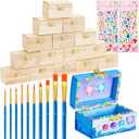 Leinuosen 15 Pcs Small Wooden Boxes with Hinged Lids 3.5 x 2.2 x 1.9 Inch Unfinished Wooden Treasure Chest Box 10 Pcs Paint Brushes with 2 Sheets Craft Gems Self Adhesive Rhinestones Stickers