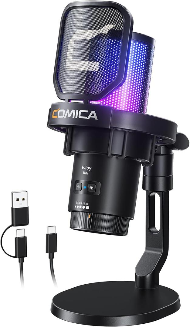COMICA Ejoy Uni(D) USB Gaming Microphone with Noise Cancellation, RGB Lights, Monitoring, Muting, Streaming Mic for Computer, PS5, PS4, Streaming, Podcast, Chat, Twitch, YouTube, Discord(Black)